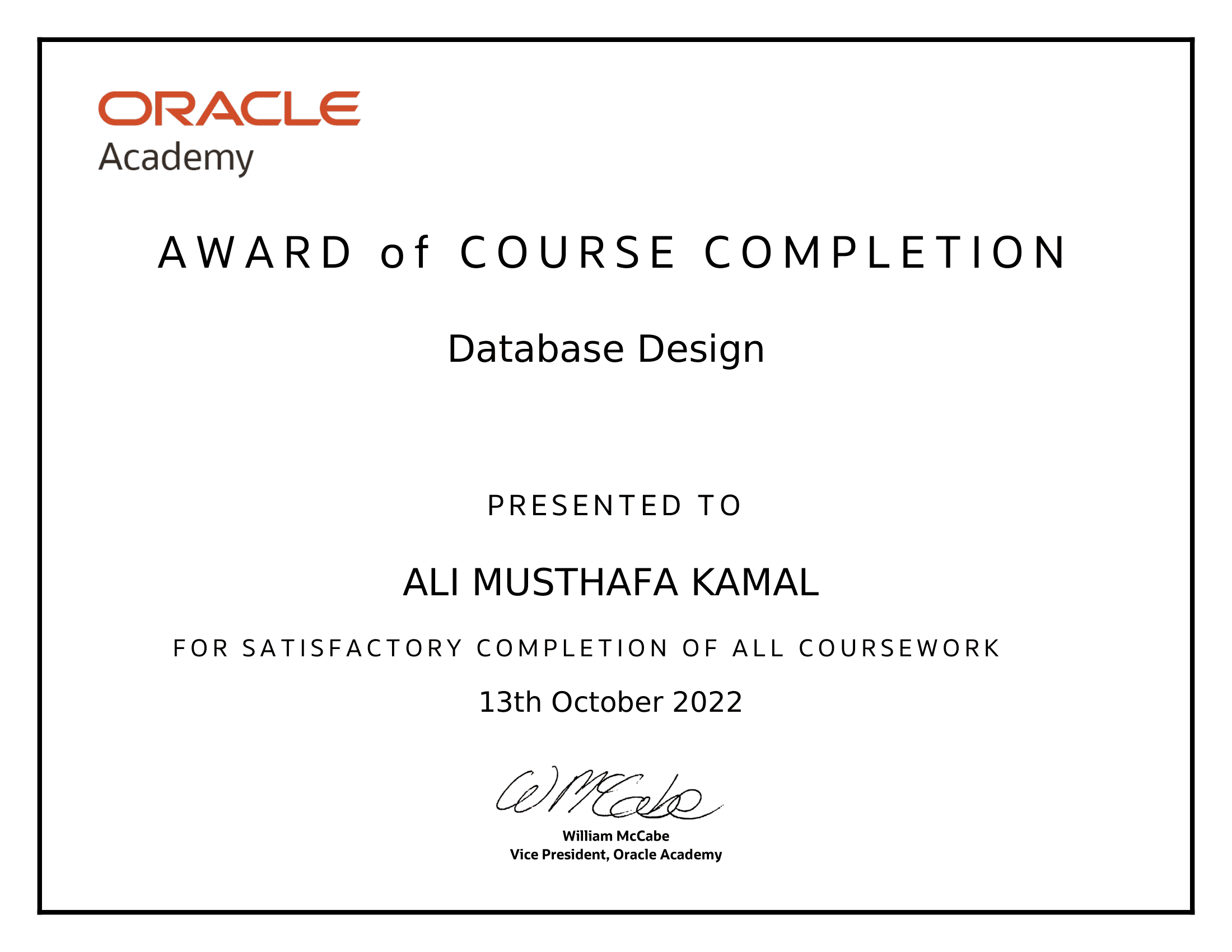 Oracle Academy certificate