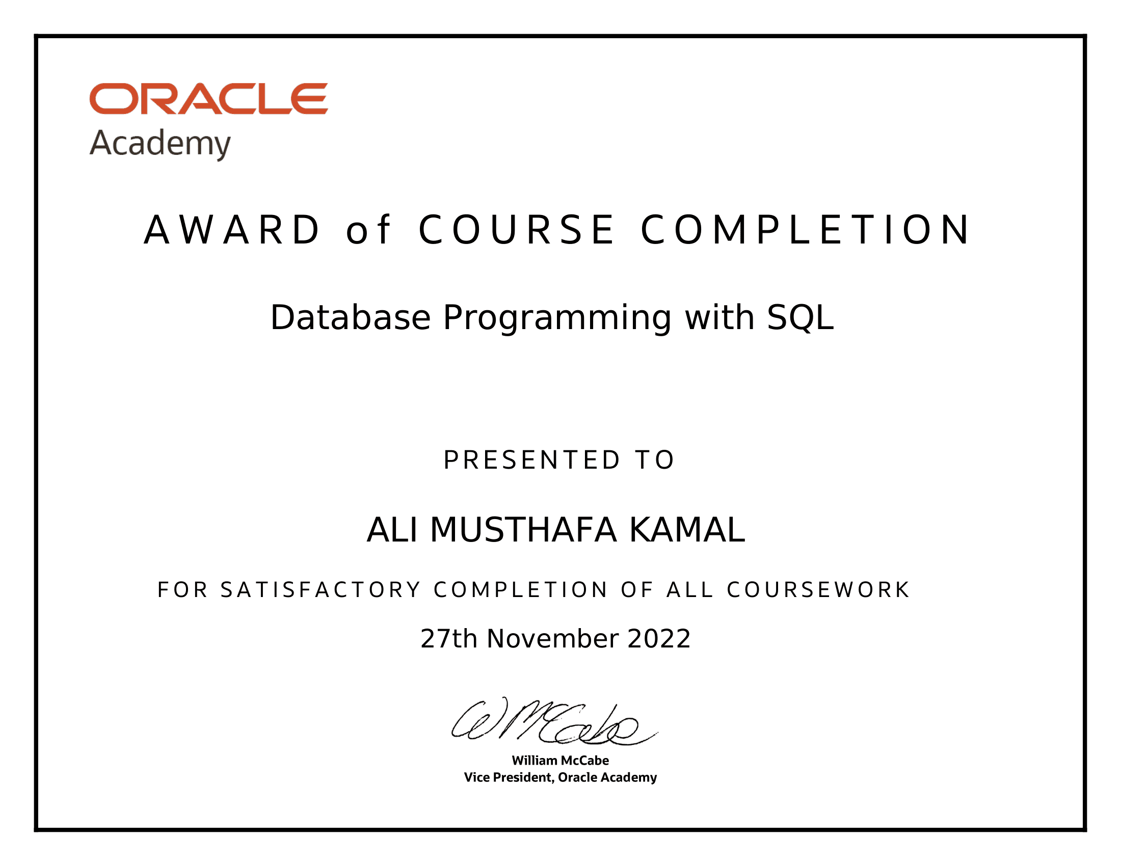 Oracle Academy certificate